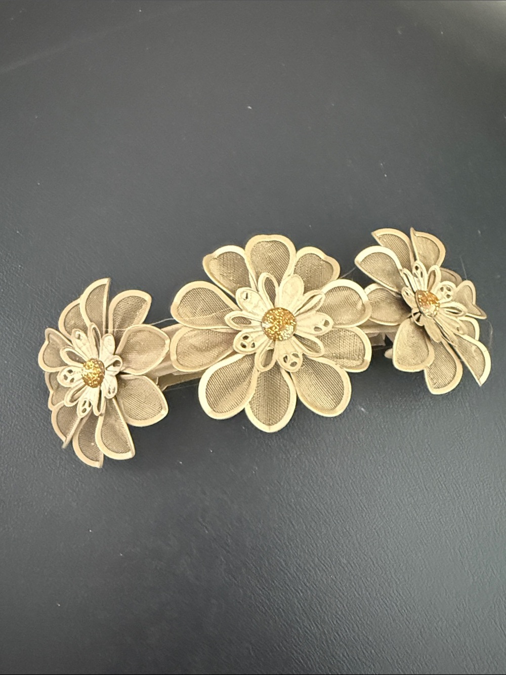 Floral Trifold Hair Barrette - Beige Gold Flower hair Clip
